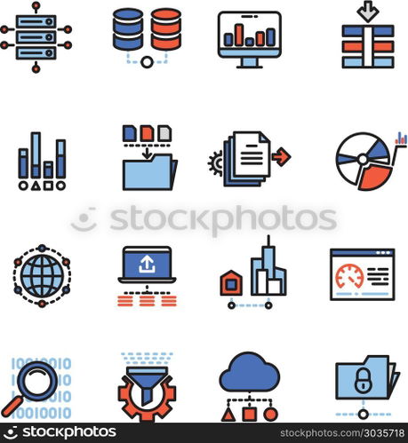 Web security cloud computing technology big data analysis line icons with flat elements. Web security cloud computing technology big data analysis line icons with flat elements. Sructure database and analysis code, vector illustration