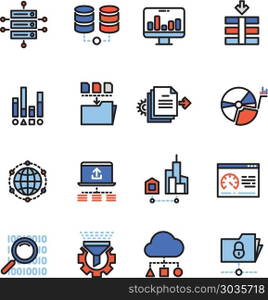 Web security cloud computing technology big data analysis line icons with flat elements. Web security cloud computing technology big data analysis line icons with flat elements. Sructure database and analysis code, vector illustration