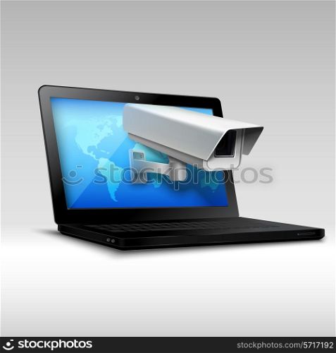 Web security concept with laptop and surveillance camera 3d realistic vector illustration.