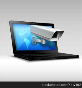 Web security concept with laptop and surveillance camera 3d realistic vector illustration.