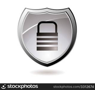 Web security icon shield with silver trim and padlock