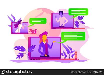 Web seminars and webcasts, peer-level web meetings, collaborative sessions and webinar concept. Vector isolated concept illustration with tiny people and floral elements. Hero image for website.. Webinar concept vector illustration.