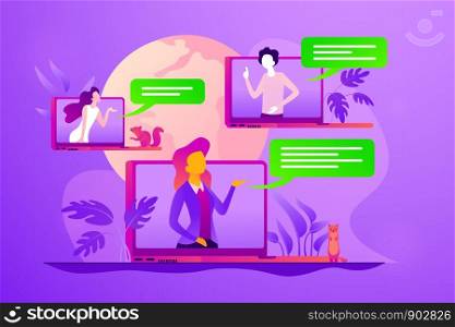 Web seminars and webcasts, peer-level web meetings, collaborative sessions and webinar concept. Vector isolated concept illustration with tiny people and floral elements. Hero image for website.. Webinar concept vector illustration.