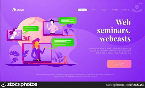Web seminars and webcasts, peer-level web meetings, collaborative sessions and webinar concept. Website interface UI template. Landing web page with infographic concept creative hero header image.. Webinar landing page template.