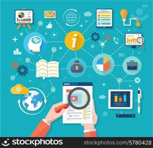 Web site analytics charts on screen of PC. SEO Search Engine Optimization programming business up trend statistics infographics diagram in flat design style. Link between information system strategy and business strategy