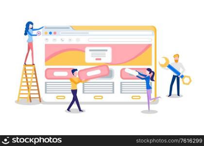 Web site creation, browser and online page, Internet tab. Programmer adding details to website, woman on ladder and man with wrench vector illustration. Web Site Creation, Browser Tab and Online Page