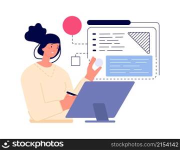 Web site development. Girl programmer or digital designer. Student working with tablet. Woman work with abstract charts vector concept. Illustration of programmer girl development. Web site development. Girl programmer or digital designer. Student working with tablet. Woman work with abstract charts vector concept