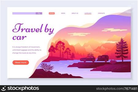 Web site for travelers concept. Travel by car banner, website, poster template, colorful web page design. Travelling by car with travel trailer and bike on the roof in the mountains. Time to travel. Web site for travelers concept. Travel by car banner, website, poster template, web page design