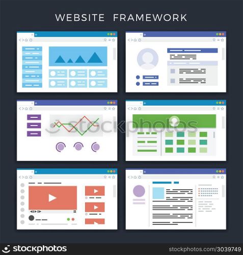 Web site page templates, layouts, website wireframes vector set. Web site page templates, layouts, website wireframes vector. Set of architecture webpage interface illustration