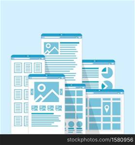 Web site templates collection pages, vector illustration. Different browser windows