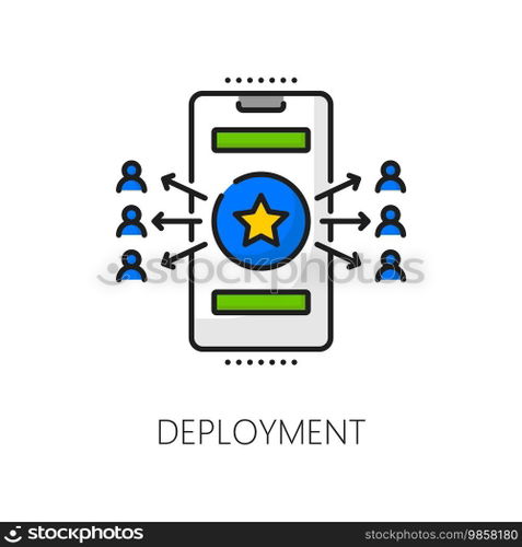 Web software develop deployment, mobile application coding, cellphone app optimization linear icon. Smartphone app, software programming and developing outline vector symbol with developers team icons. Software deployment, mobile app develop line icon