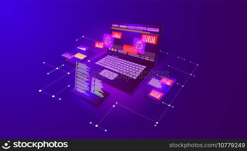 Web software. Digital website application. Mobile API technology tool platform. Computer program data analytics. Devices connection. Business development. Laptop and smartphones. Vector concept banner. Web software. Digital website application. Mobile technology tool platform. Computer program data. Devices connection. Business development. Laptop and smartphones. Vector concept banner