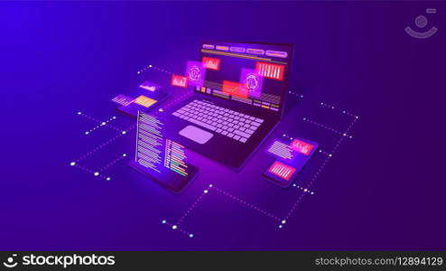 Web software. Digital website application. Mobile API technology tool platform. Computer program data analytics. Devices connection. Business development. Laptop and smartphones. Vector concept banner. Web software. Digital website application. Mobile technology tool platform. Computer program data. Devices connection. Business development. Laptop and smartphones. Vector concept banner
