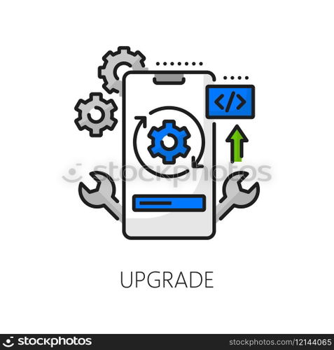 Web software optimization, mobile app coding, cellphone application develop and upgrade outline icon. Mobile app development and support linear vector icon with mobile phone cog wheel and wrenches. Mobile application develop and upgrade line icon