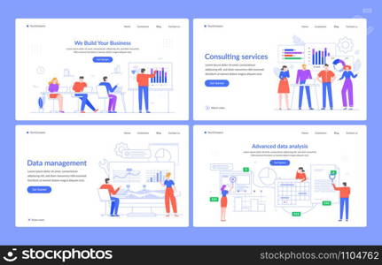 Web statistics concept. Software data analysis, management and consulting services, marketing, modern characters vector illustration landing page template. Digital analytics, online research. Web statistics concept. Software data analysis, management and consulting services, marketing, modern characters vector illustration landing page template. Business advisory, digital technology