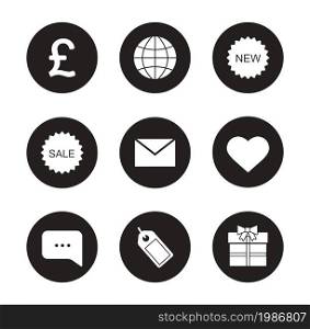 Web store black icons set. Internet marketing and e-commerce round symbol. Price tag and gift box. Online shop white silhouettes illustrations. Sale badge and chat bubble. Vector infographics elements. Web store black icons set