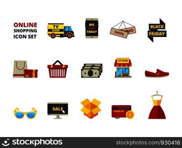 Web store icon. Online shop payment e commerce retail fashion products big sales smartphone cards and money vector flat symbols. Web retail online, market purchase, payment e-commerce illustration. Web store icon. Online shop payment e commerce retail fashion products big sales smartphone cards and money vector flat symbols