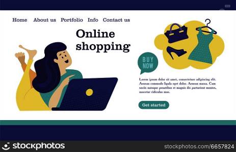 Web store landing page template. Modern flat web page design concept for website and mobile website. Girl with a computer shopping in the online store. Vector illustration.. Online shopping. Vector illustration. Website page template, banner, advertising flye