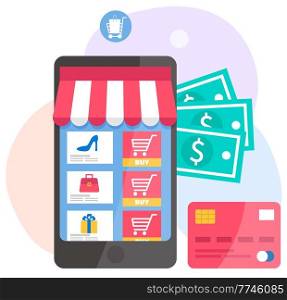 Web store layout. Online shopping and buying goods. Application with a selection of clothes. Program for making purchases via the Internet. Smartphone with application on the background of banknotes. Web store layout. Online shopping and buying purchases. Application with a selection of clothes