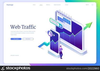 Web traffic isometric landing page. Tiny man with smartphone at huge digital devices with increasing arrow graphs performing sent and received data amount of visitors to website. 3d vector web banner. Web traffic isometric landing page, data amount