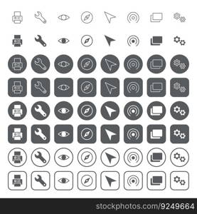 Web user interface icons. icon set contains such icons as fax machine, wrench, eye, compass, location arrow, radio broadcasting, copying, gears.