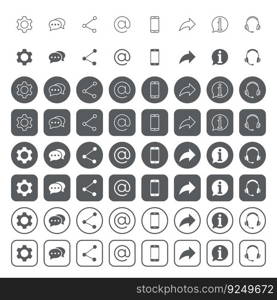 Web user interface icons. icon set contains such icons as gear, speech bubble, share sign,  at  symbol, smart phone, contact us, headset.