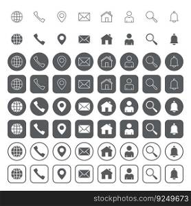 Web user interface icons. icon set contains such icons as sphere, handset, map pin, e-mail, homepage, personal data, magnifying glass, bell.