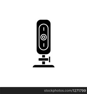Webcam black glyph icon. Small digital video camera. Online chatting, conference. Surveillance. Portable recording gadget. Mobile device. Silhouette symbol on white space. Vector isolated illustration