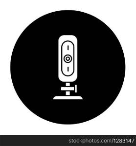 Webcam glyph icon. Small digital video camera. Online chatting, conference. Surveillance. Portable recording gadget. Technology. Mobile device. Vector white silhouette illustration in black circle