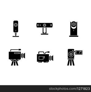 Webcams black glyph icons set on white space. Digital video cameras. Online chatting, conference. Surveillance. Portable recording gadgets. Silhouette symbols. Vector isolated illustration