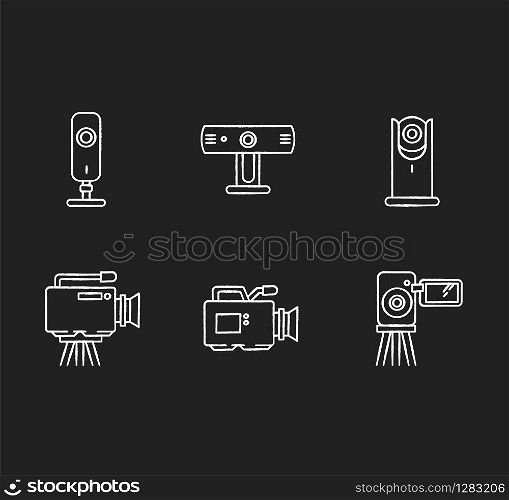 Webcams chalk white icons set on black background. Digital video cameras. Online chatting, conference. Surveillance. Portable recording gadgets. Mobile devices Isolated vector chalkboard illustrations