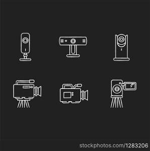 Webcams chalk white icons set on black background. Digital video cameras. Online chatting, conference. Surveillance. Portable recording gadgets. Mobile devices Isolated vector chalkboard illustrations