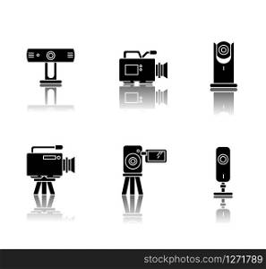 Webcams drop shadow black glyph icons set. Digital video cameras. Online chatting, conference. Surveillance. Portable recording gadgets. Mobile devices. Isolated vector illustrations on white space