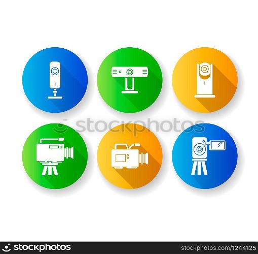 Webcams flat design long shadow glyph icons set. Digital video cameras. Online chatting. Surveillance. Portable recording gadgets. Technology. Mobile devices. Silhouette RGB color illustration