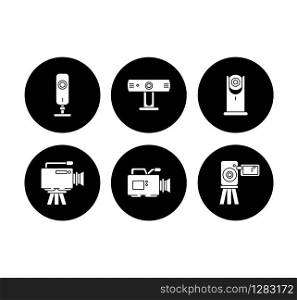 Webcams glyph icons set. Digital video cameras. Online chatting. Surveillance. Portable recording gadgets. Technology. Mobile devices. Vector white silhouettes illustrations in black circles