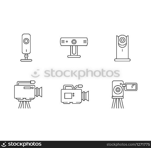 Webcams pixel perfect linear icons set. Digital video cameras. Online chatting, conference. Surveillance. Customizable thin line contour symbols. Isolated vector outline illustrations. Editable stroke