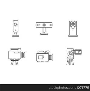 Webcams pixel perfect linear icons set. Digital video cameras. Online chatting, conference. Surveillance. Customizable thin line contour symbols. Isolated vector outline illustrations. Editable stroke