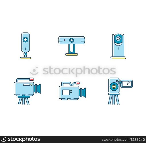 Webcams RGB color icons set. Digital video cameras. Online chatting, conference. Surveillance. Portable recording gadgets. Technology. Mobile devices. Isolated vector illustrations
