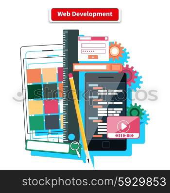 Webdesign development interface elements creative process tools. Web design, development, web designer, web, website, web development icons isolated on white background