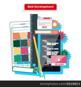 Webdesign development interface elements creative process tools. Web design, development, web designer, web, website, web development icons isolated on white background