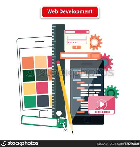 Webdesign development interface elements creative process tools. Web design, development, web designer, web, website, web development icons isolated on white background