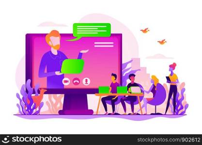 Webinar and employees training. Distance education, video tutorial. Online business conference, meeting and negotiations, partners agreement concept. Vector isolated concept creative illustration. Online conference concept vector illustration