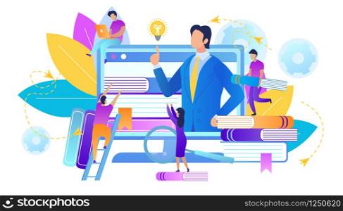 Webinar and Online Education, Trainer Teaches Group of Students Online. Teaching Course or Seminar for Scholars. Distance Examination. Teacher Speaking at Computer Screen. Flat Vector Illustration. Webinar and Online Education. Teacher on PC Screen