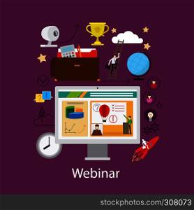 Webinar and online learning concept. Internet resourses for education. Vector illustration. . Webinar and online learning concept