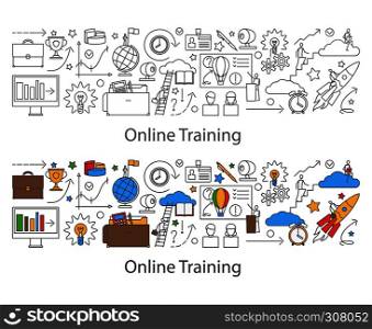 Webinar and web communication background in line doodle style for web banners and concepts. Vector illustration.. Webinar and web communication background