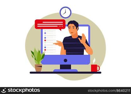 Webinar concept. Online education. Video conference or lecture. Vector illustration. Flat