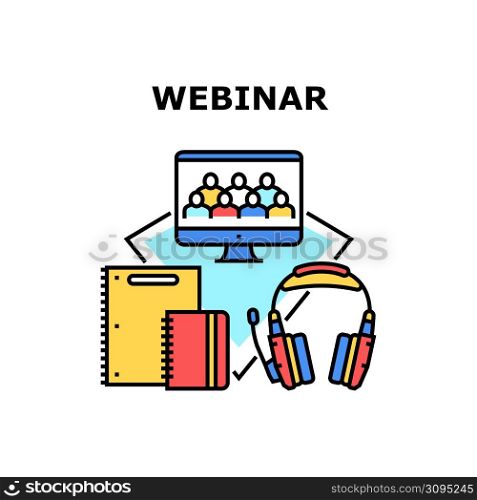 Webinar Course Vector Icon Concept. Webinar Course Listening In Headphones Device And Audience Remote Watching Online On Computer Screen. Writing And Noting In Notebook Color Illustration. Webinar Course Vector Concept Color Illustration