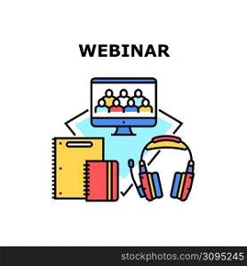 Webinar Course Vector Icon Concept. Webinar Course Listening In Headphones Device And Audience Remote Watching Online On Computer Screen. Writing And Noting In Notebook Color Illustration. Webinar Course Vector Concept Color Illustration