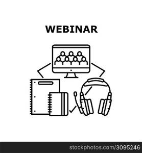 Webinar Course Vector Icon Concept. Webinar Course Listening In Headphones Device And Audience Remote Watching Online On Computer Screen. Writing And Noting In Notebook Black Illustration. Webinar Course Vector Concept Black Illustration