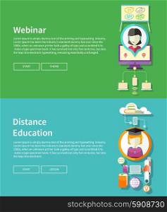 Webinar, distance education and learning. Online courses in web school. Knowledge and information. Study process. E-learning concept. Banners in flat design with place for text and butoons